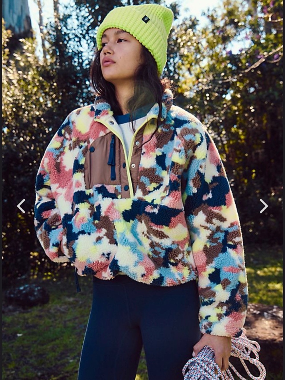 Free People Multi-Color Sherpa Pullover Jacket with Neon Yellow Accents